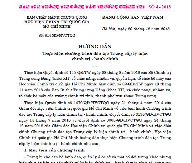 Hướng dẫn 614-HD/HVCTQG thực hiện chương trình TCLLCT-HC