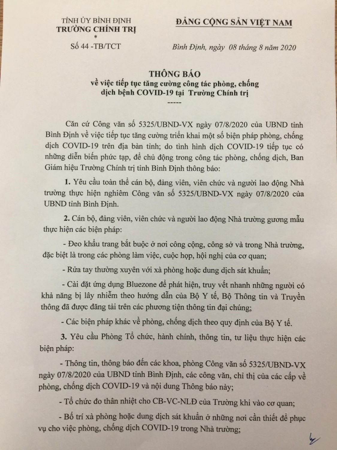 Thông báo số 44-TB/TCT ngày 08/8/2020 về phòng, chống dịch COVID-19