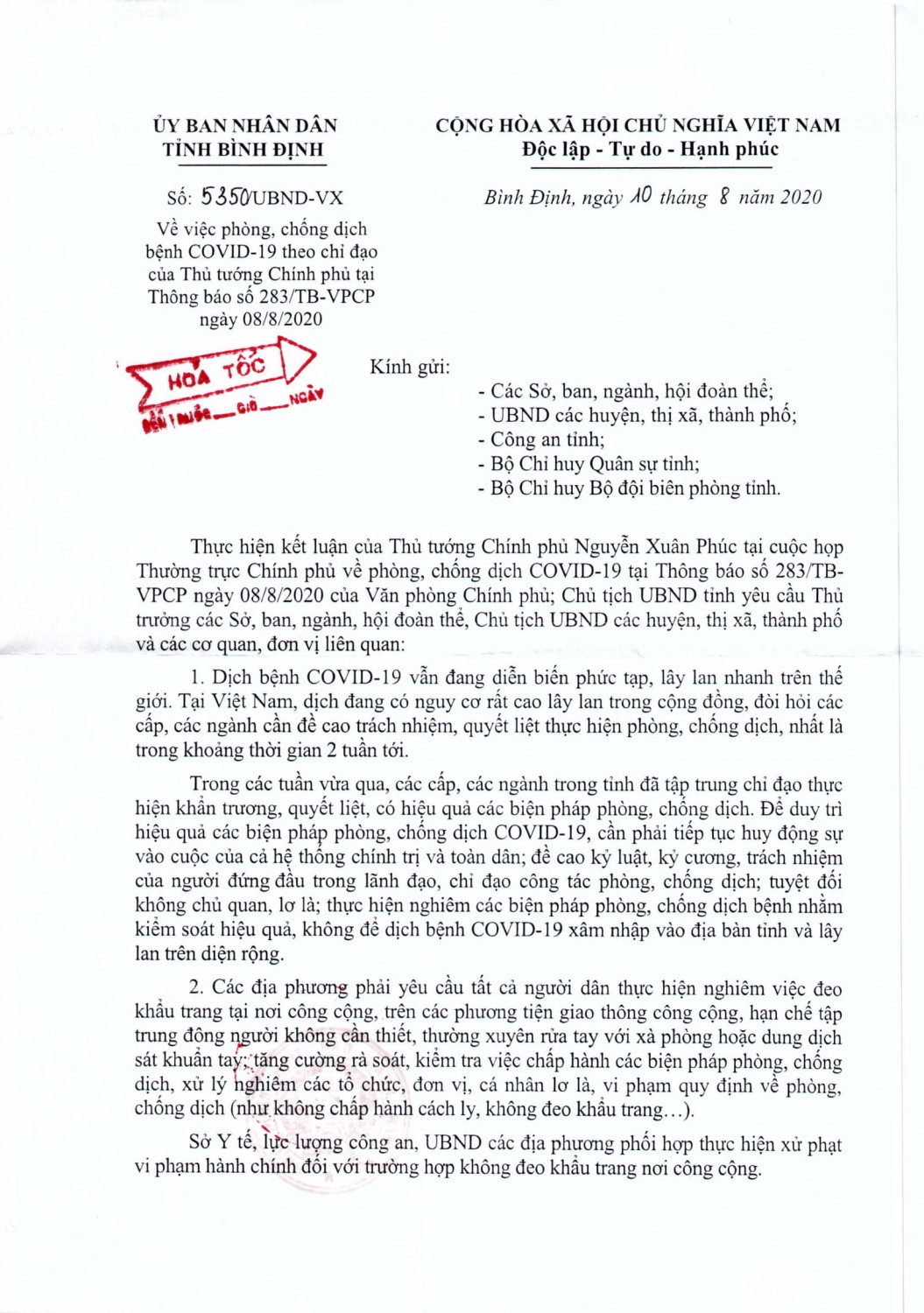 Công văn số 5350/UBND-VX ngày 10/8/2020 của Chủ tịch UBND tỉnh về việc phòng, chống dịch bệnh COVID-19
