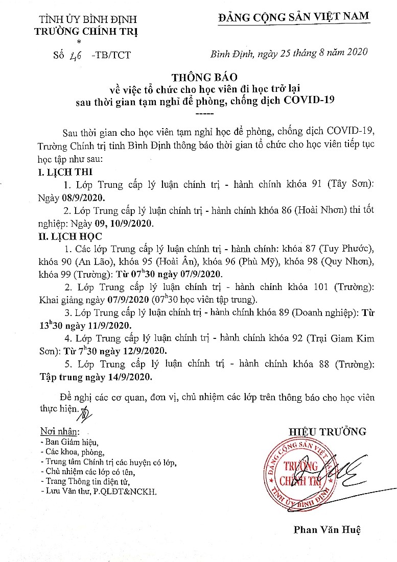 Thông báo số 46-TB/TCT v/v tổ chức cho học viên đi học trở lại sau thời gian tạm nghỉ để phòng, chống dịch COVID-19