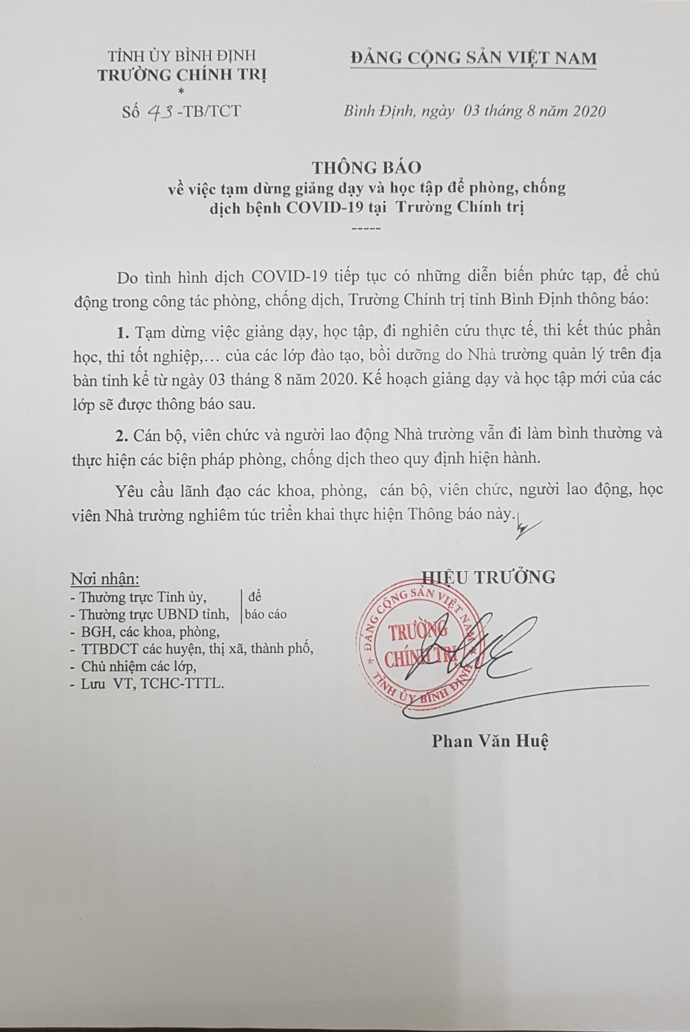 Thông báo số 43-TB/TCT v/v tạm dừng các lớp học phòng, chống COVID-19