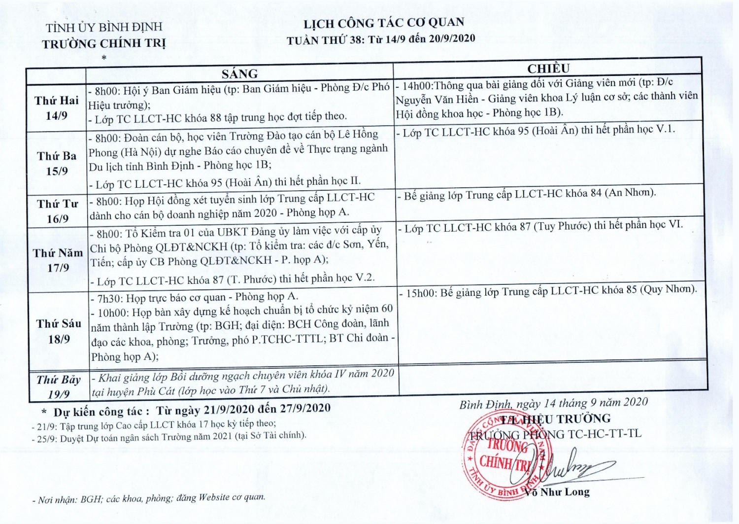 Lịch công tác cơ quan - Tuần thứ 38: Từ 14/9 đến 20/9/2020