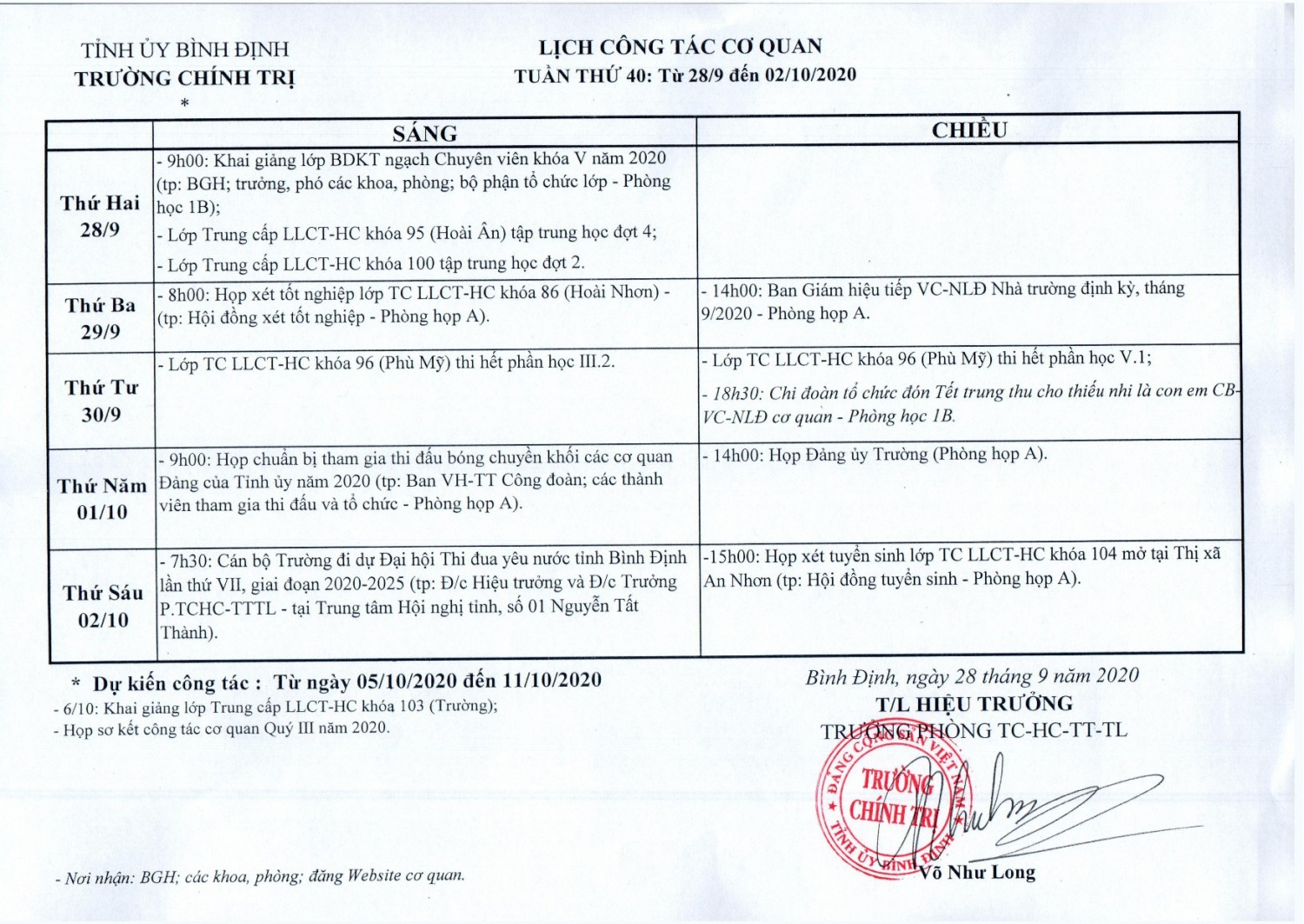 Lịch công tác cơ quan - Tuần thứ 40: Từ 28/9 đến 02/10/2020