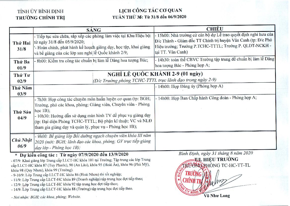 Lịch công tác cơ quan - Tuần thứ 36: Từ 31/8 đến 06/9/2020