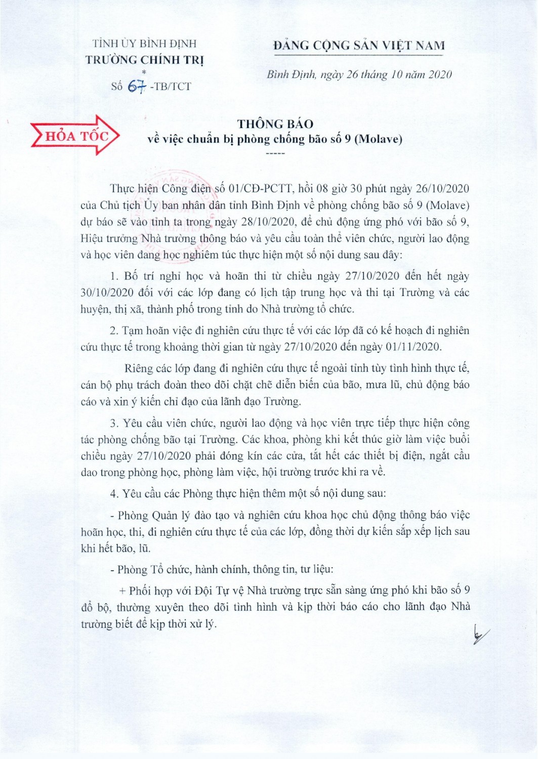 Thông báo v/v chuẩn bị phòng, chống bão số 9 (Molave)