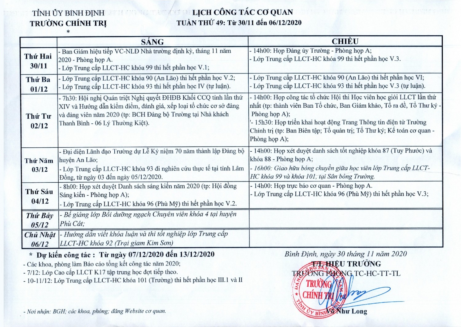 Lịch công tác cơ quan - Tuần thứ 49: Từ 30/11 đến 06/12/2020