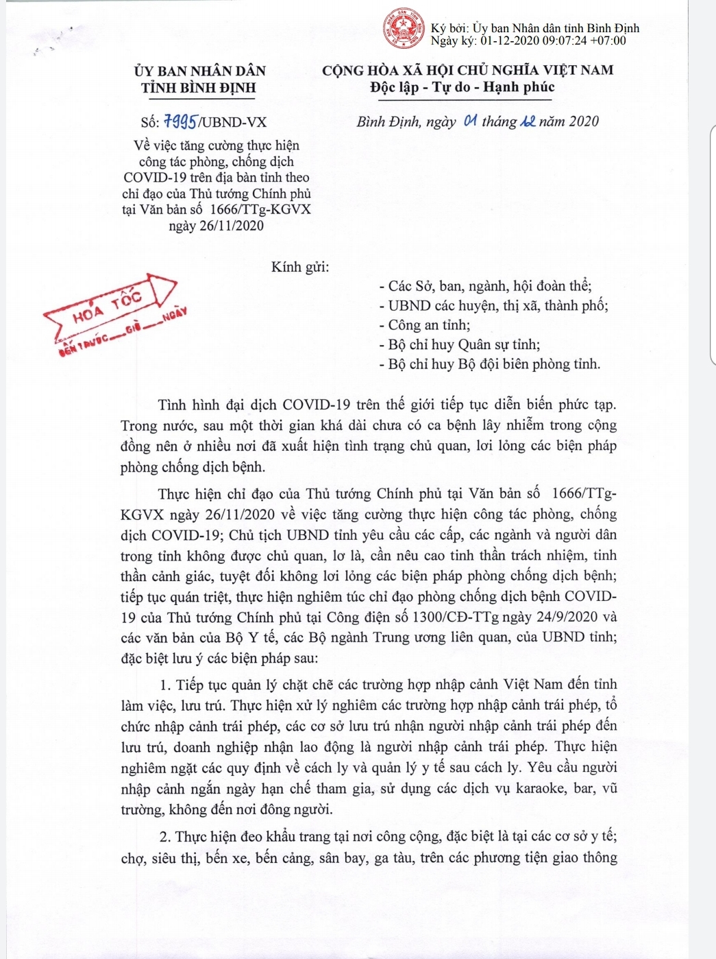 Công văn 7995/UBND-VX - 01/12/2020 của UBND tỉnh Tăng cường thực hiện công tác phòng, chống dịch COVID-19 trên địa bàn tỉnh