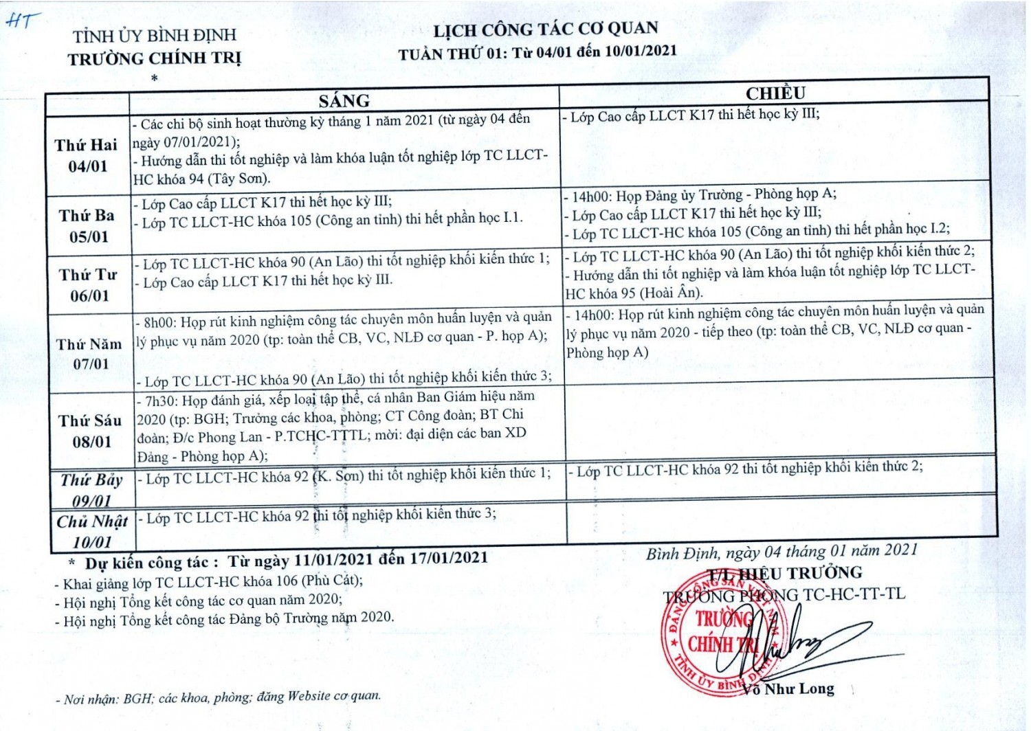 Lịch công tác cơ quan - Tuần thứ 01: Từ 04/01/2021 đến 10/01/2021