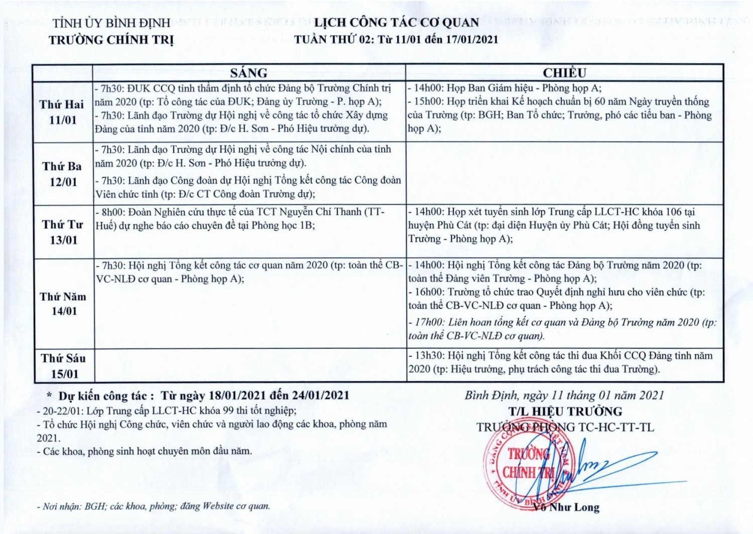 Lịch công tác cơ quan - Tuần thứ 02: Từ 11/01/2021 đến 17/01/2021