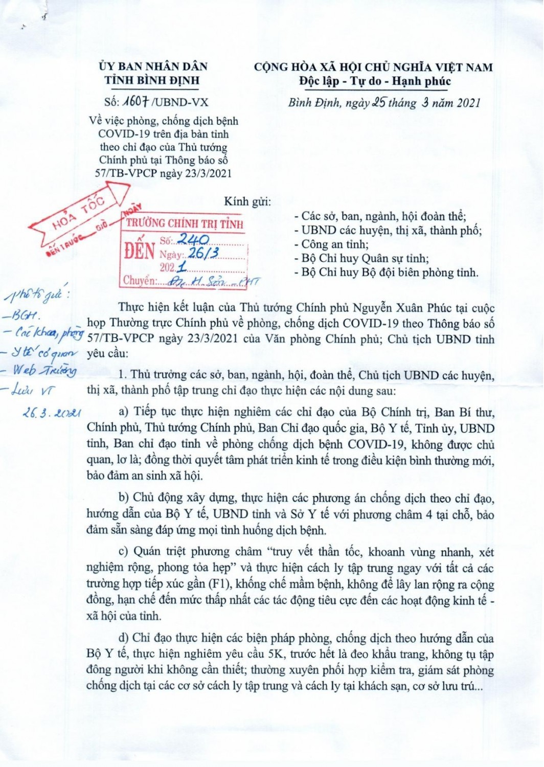 Công văn hỏa tốc của UBND tỉnh Bình Định về việc phòng, chống dịch bệnh COVID-19 trên địa bàn tỉnh theo chỉ đạo của Thủ tướng Chính phủ