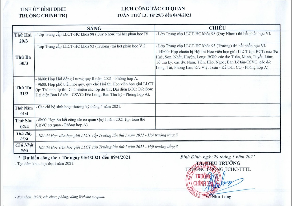 Lịch công tác cơ quan - Tuần thứ 13: Từ 29/3/2021 đến 04/4/2021