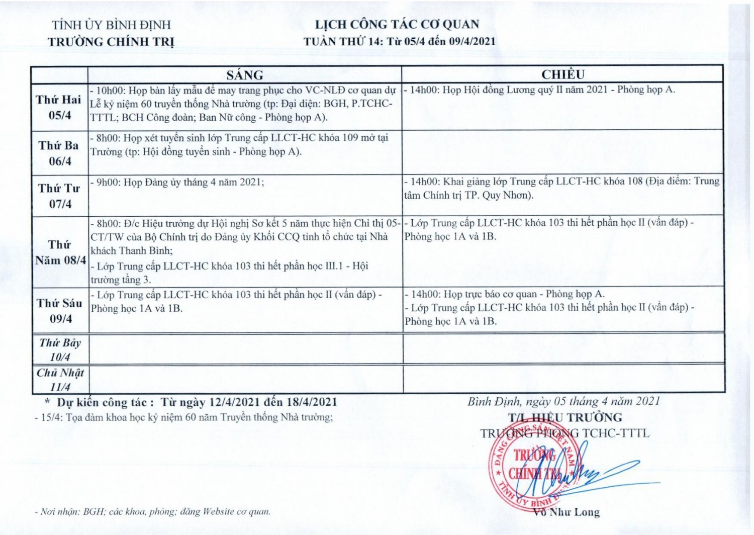 Lịch công tác cơ quan - Tuần thứ 14: Từ 05/4/2021 đến 09/4/2021
