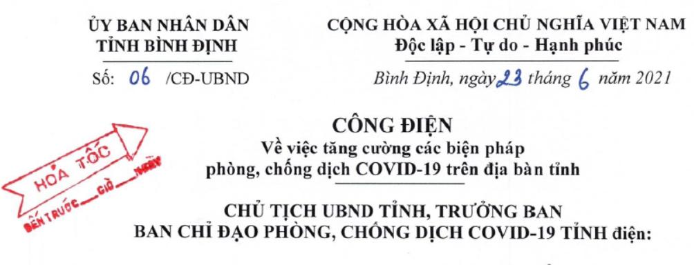 CÔNG ĐIỆN 06 của CHỦ TỊCH UBND TỈNH: Tăng cường các biện pháp phòng, chống dịch COVID-19 trên địa bàn tỉnh