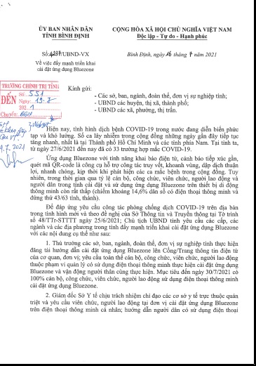 Công văn của UBND tỉnh Bình Định về việc đẩy mạnh triển khai cài đặt ứng dụng Bluezone