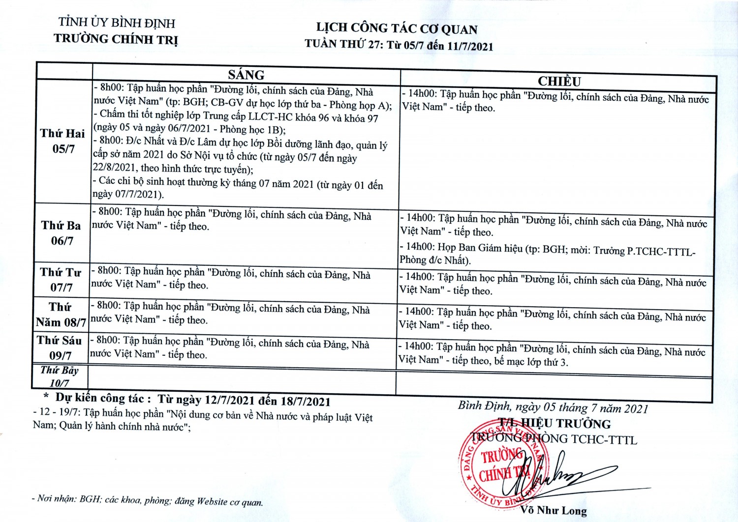 Lịch công tác cơ quan - Tuần thứ 27: Từ 05/7/2021 đến 11/7/2021