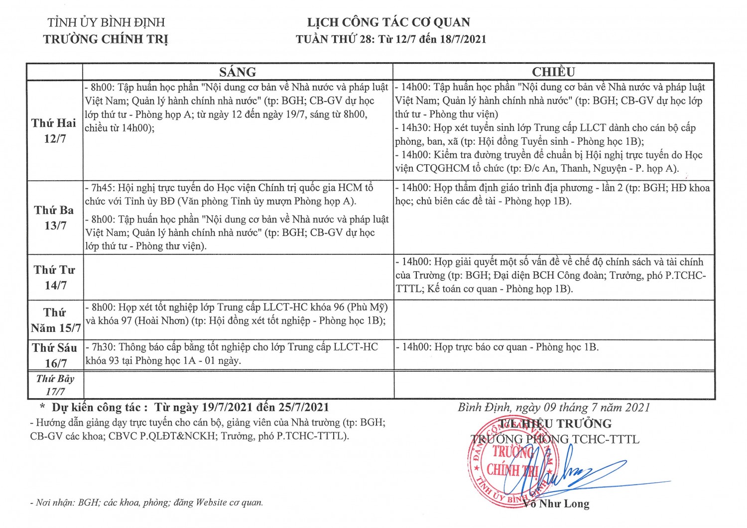 Lịch công tác cơ quan - Tuần thứ 28: Từ 12/7/2021 đến 18/7/2021