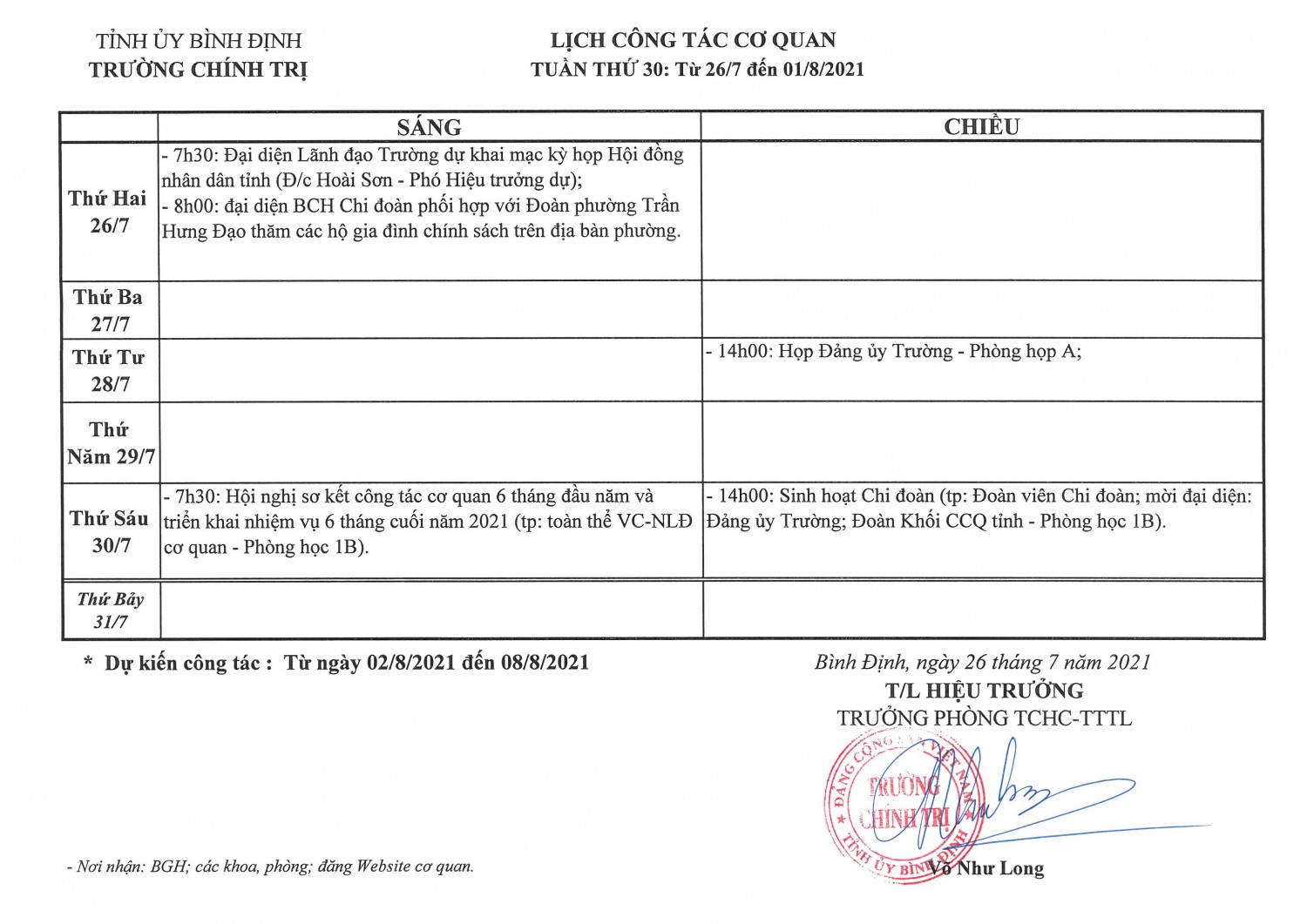 Lịch công tác cơ quan - Tuần thứ 30: Từ 26/7/2021 đến 01/8/2021