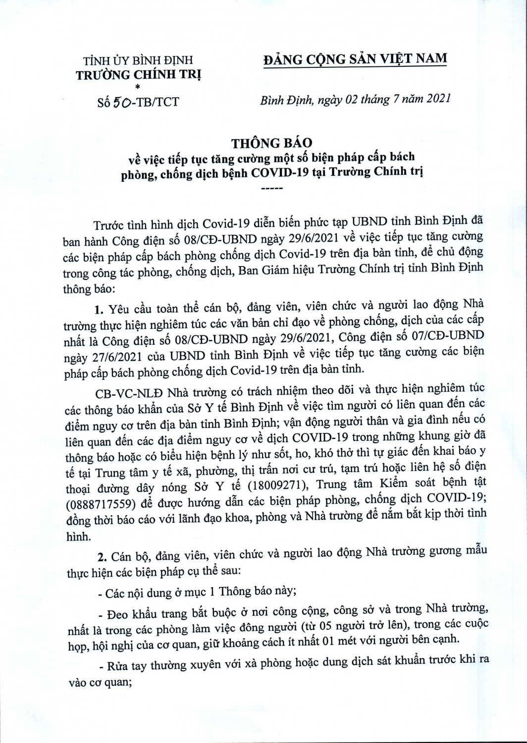 Thông báo số 50 về việc tiếp tục tăng cường một số biện pháp cấp bách phòng, chống dịch bệnh COVID-19 tại Trường Chính trị