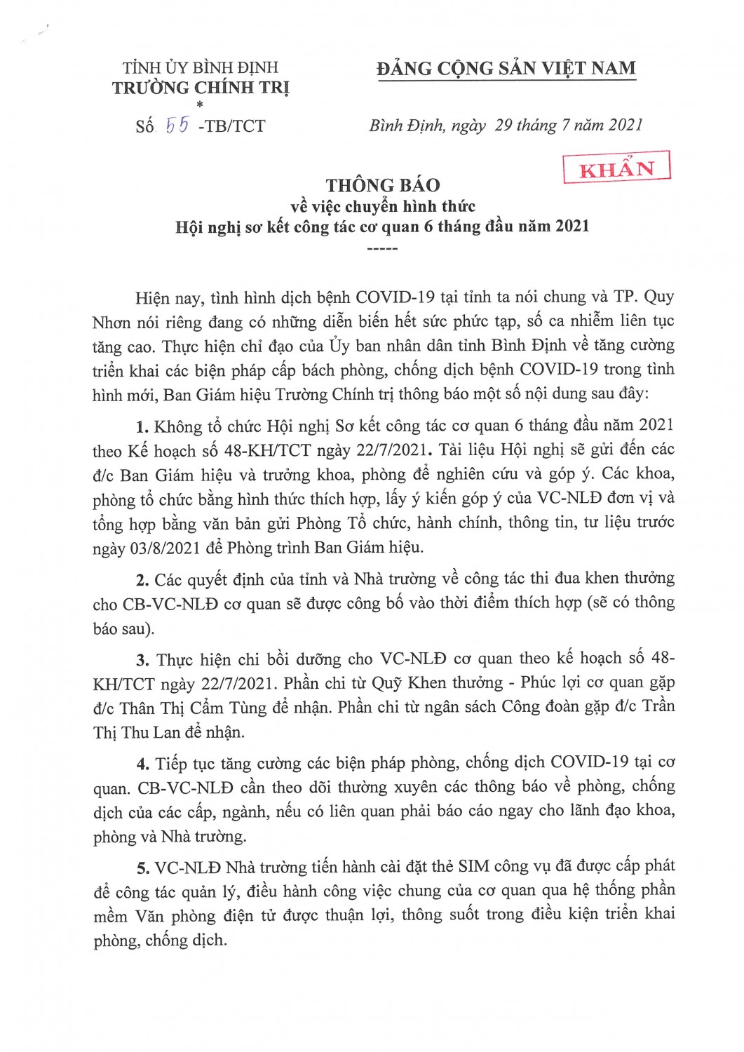 Thông báo số 55 -TB/TCT về việc chuyển hình thức Hội nghị sơ kết công tác cơ quan 6 tháng đầu năm 2021