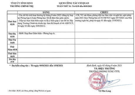 Lịch công tác cơ quan - Tuần thứ 31: Từ 02/8/2021 đến 08/8/2021