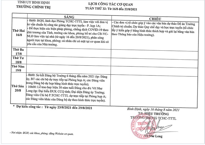 Lịch công tác cơ quan - Tuần thứ 33: Từ 16/8/2021 đến 22/8/2021