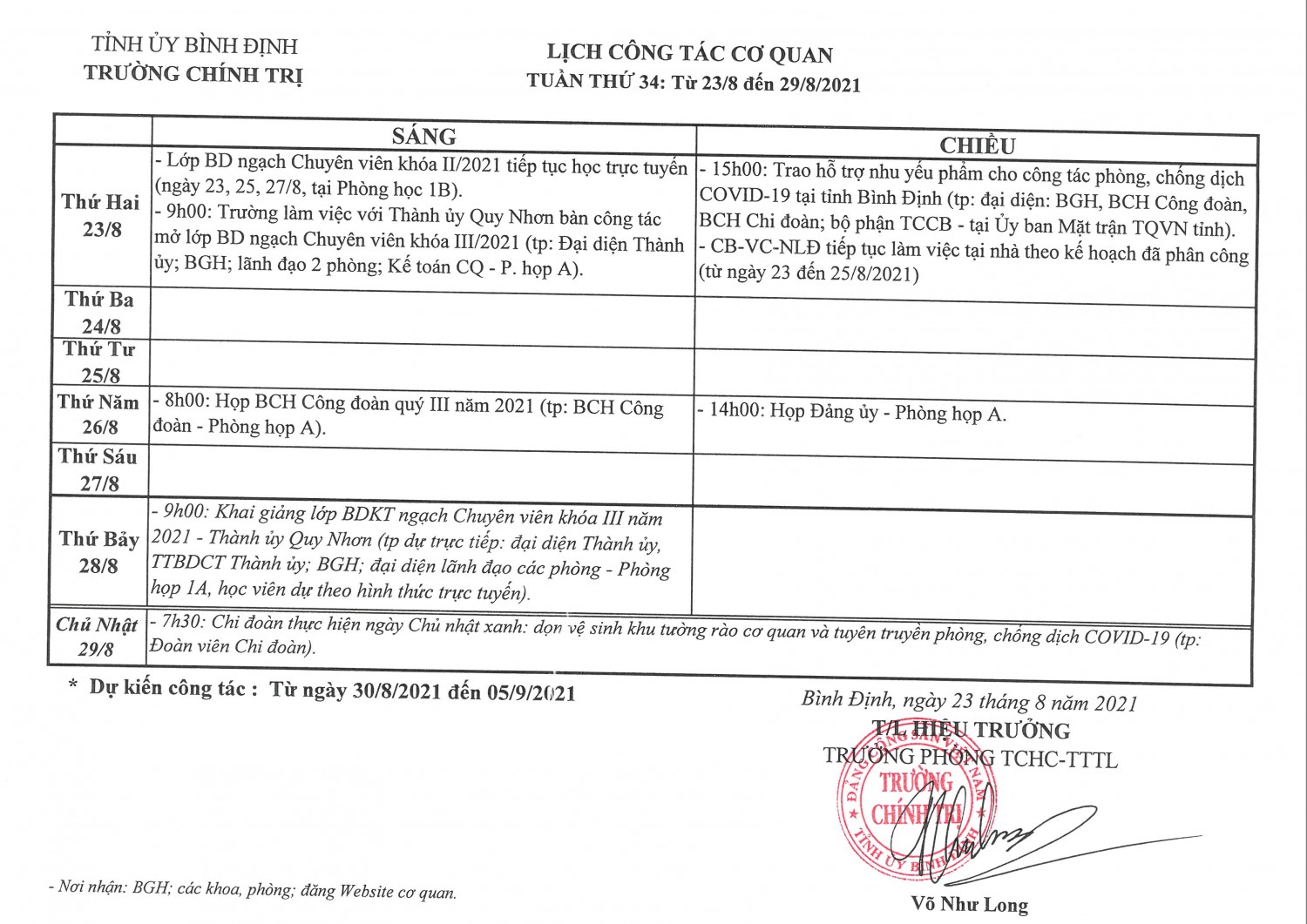 Lịch công tác cơ quan - Tuần thứ 34: Từ 23/8/2021 đến 29/8/2021