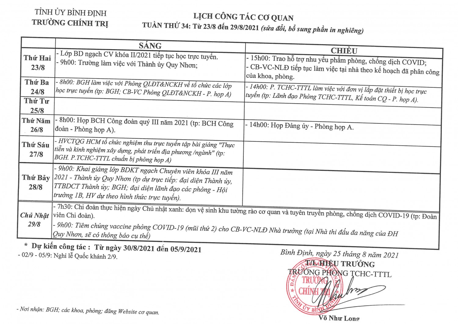 Lịch công tác cơ quan - Tuần thứ 34: Từ 23/8/2021 đến 29/8/2021 (bổ sung phần in nghiêng)