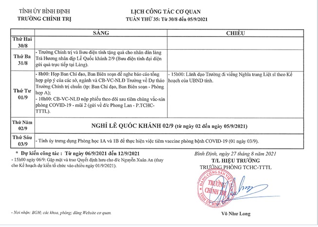 Lịch công tác cơ quan - Tuần thứ 35: Từ 30/8/2021 đến 05/9/2021