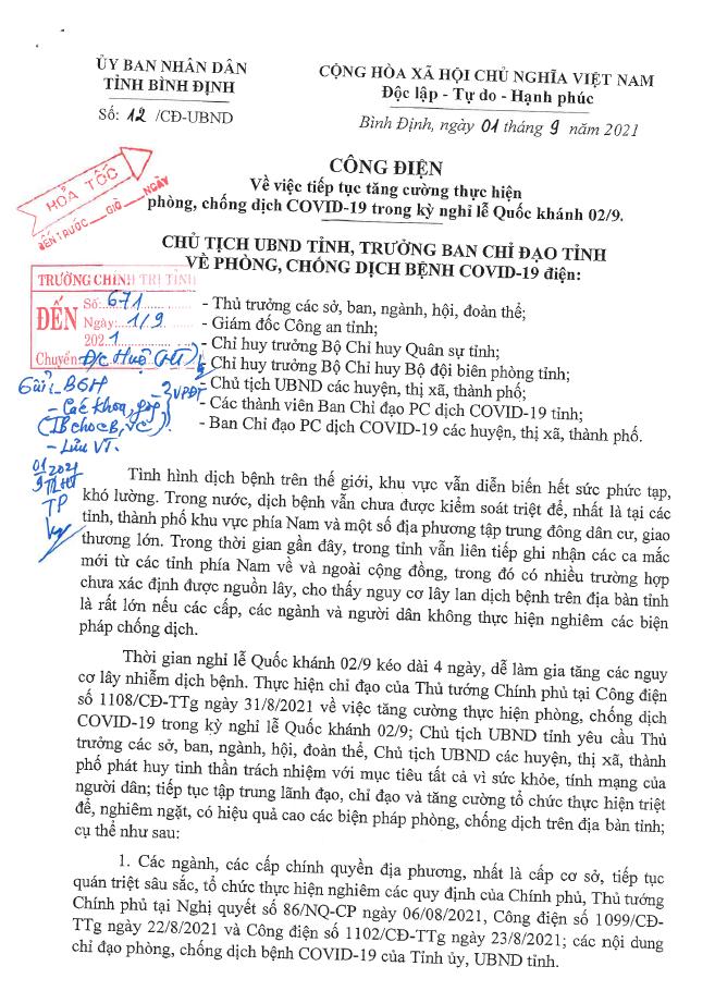 Công điện 12/CĐ-UBND về việc tiếp tục tăng cường thực hiện phòng, chống dịch COVID-19 trong kỳ nghỉ lễ Quốc khánh 02/9