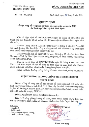 Quyết định về việc công bố công khai dự toán bổ sung ngân sách năm 2021 của Trường Chính trị tỉnh Bình Định