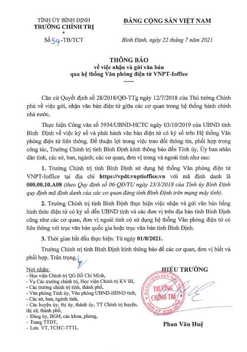 Thông báo về việc nhận và gửi văn bản qua hệ thống Văn phòng điện tử VNPT-Ioffice