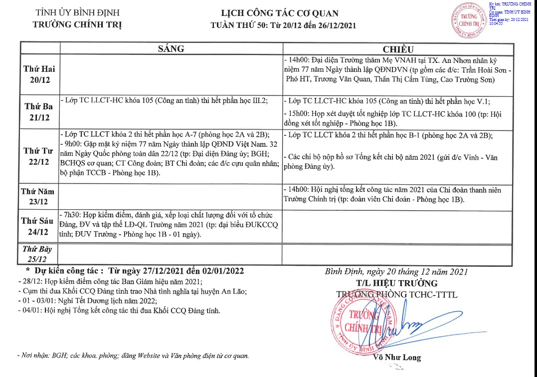 Lịch công tác cơ quan - Tuần thứ 50: 20/12 - 26/12/2021