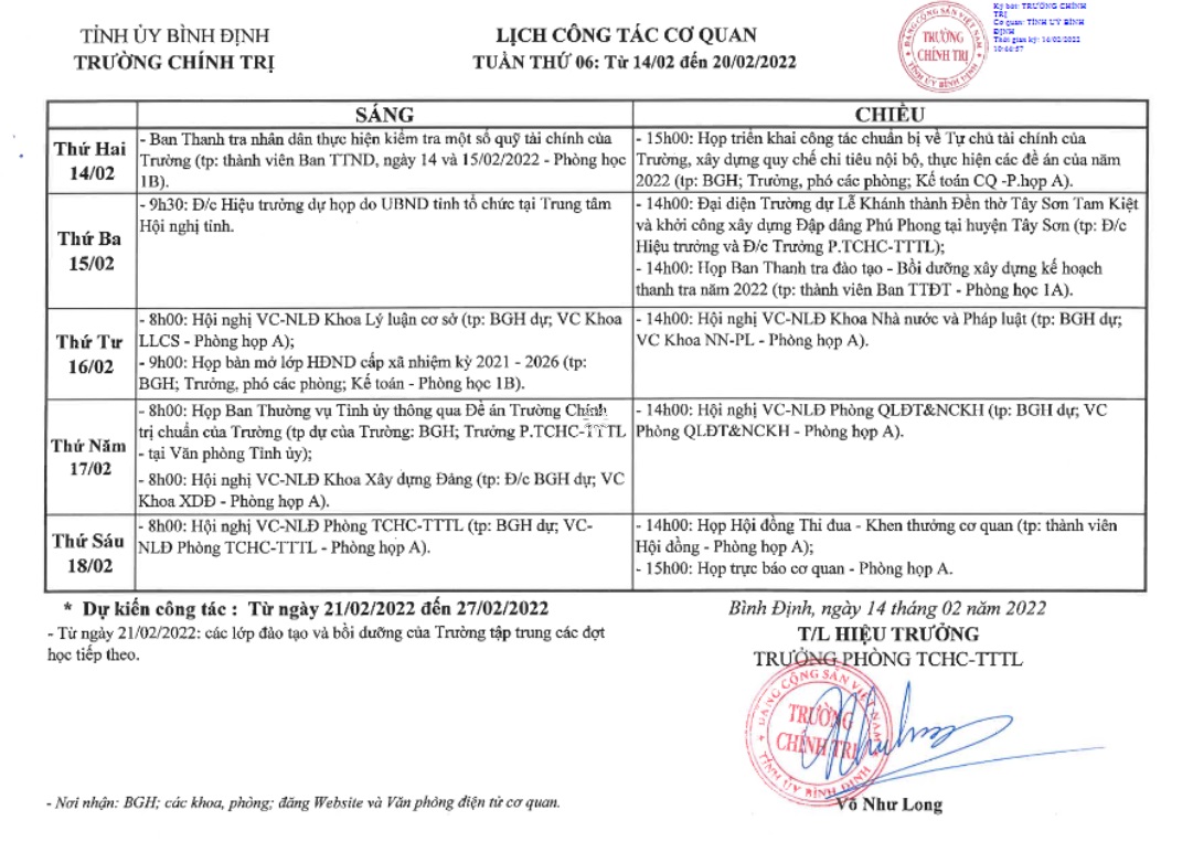 Lịch công tác cơ quan - Tuần thứ 07: 14/02/2022 - 20/02/2022