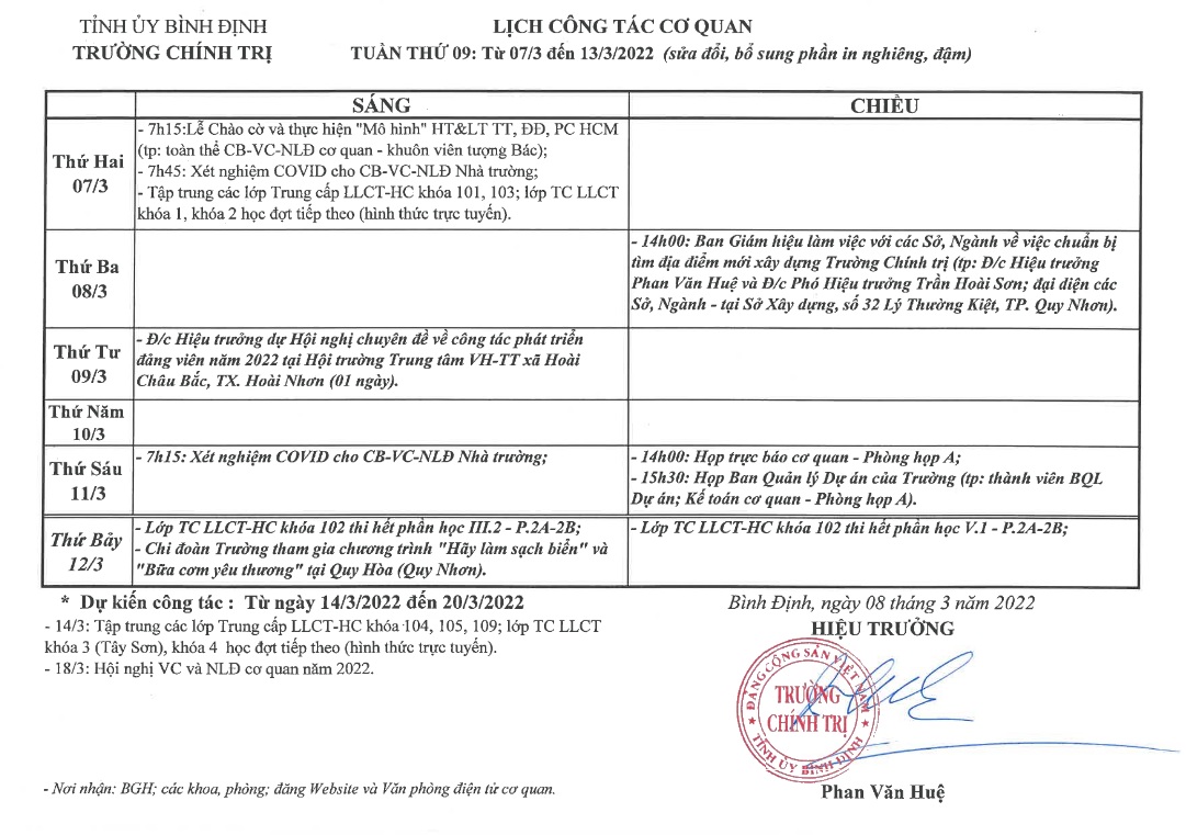 Lịch công tác cơ quan - Tuần thứ 09: Từ 07/3 đến 13/3/2022 (bổ sung)