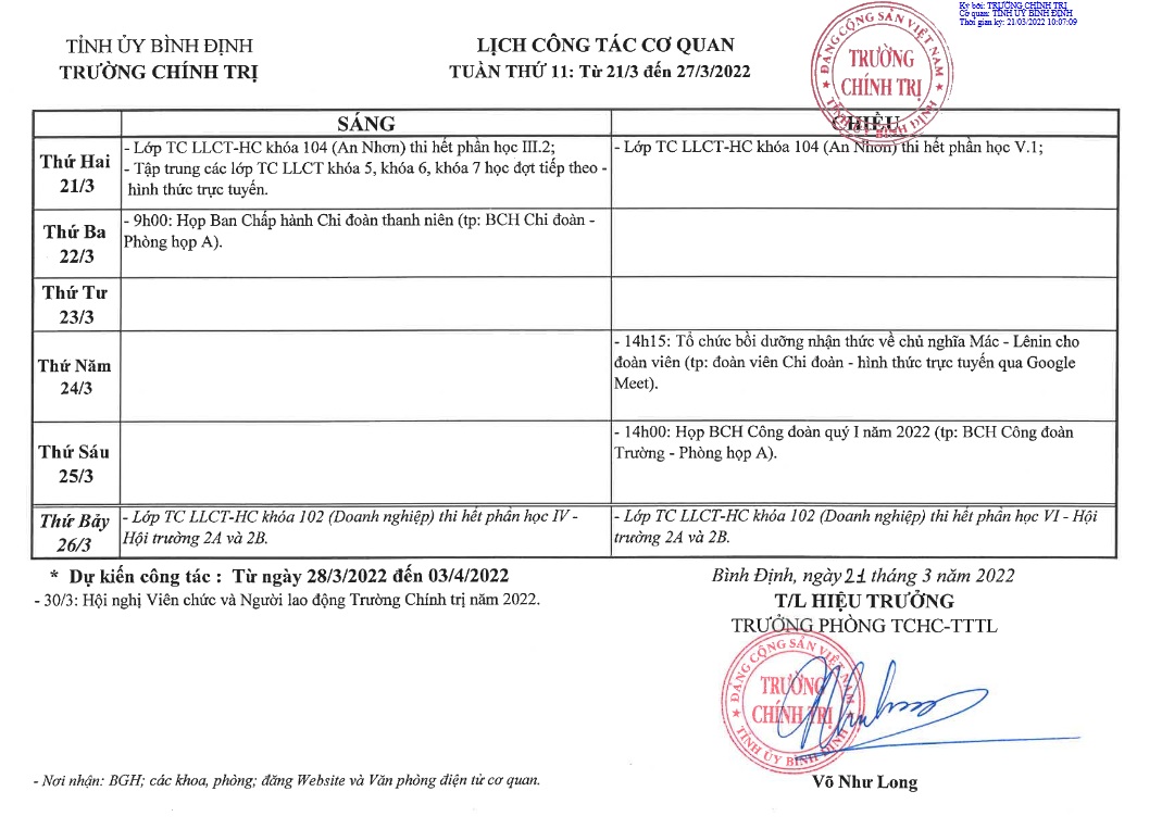 Lịch công tác cơ quan - Tuần thứ 11: Từ 21/3 đến 27/3/2022