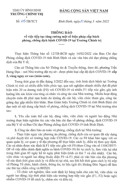 Thông báo về việc tiếp tục tăng cường một số biện pháp cấp bách phòng, chống dịch bệnh COVID-19 tại Trường Chính trị