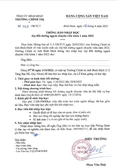 Thông báo nhập học lớp Bồi dưỡng ngạch Chuyên viên khóa 1 năm 2022