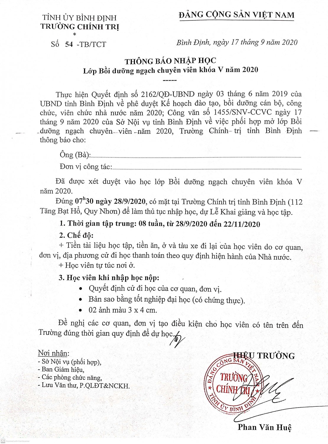 TB tập trung lớp BDCV khóa 5.2020